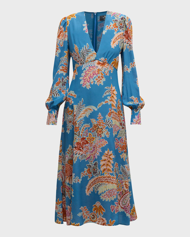 V-Neck Floral-Print Long-Sleeve Slit-Hem Cady Midi Dress